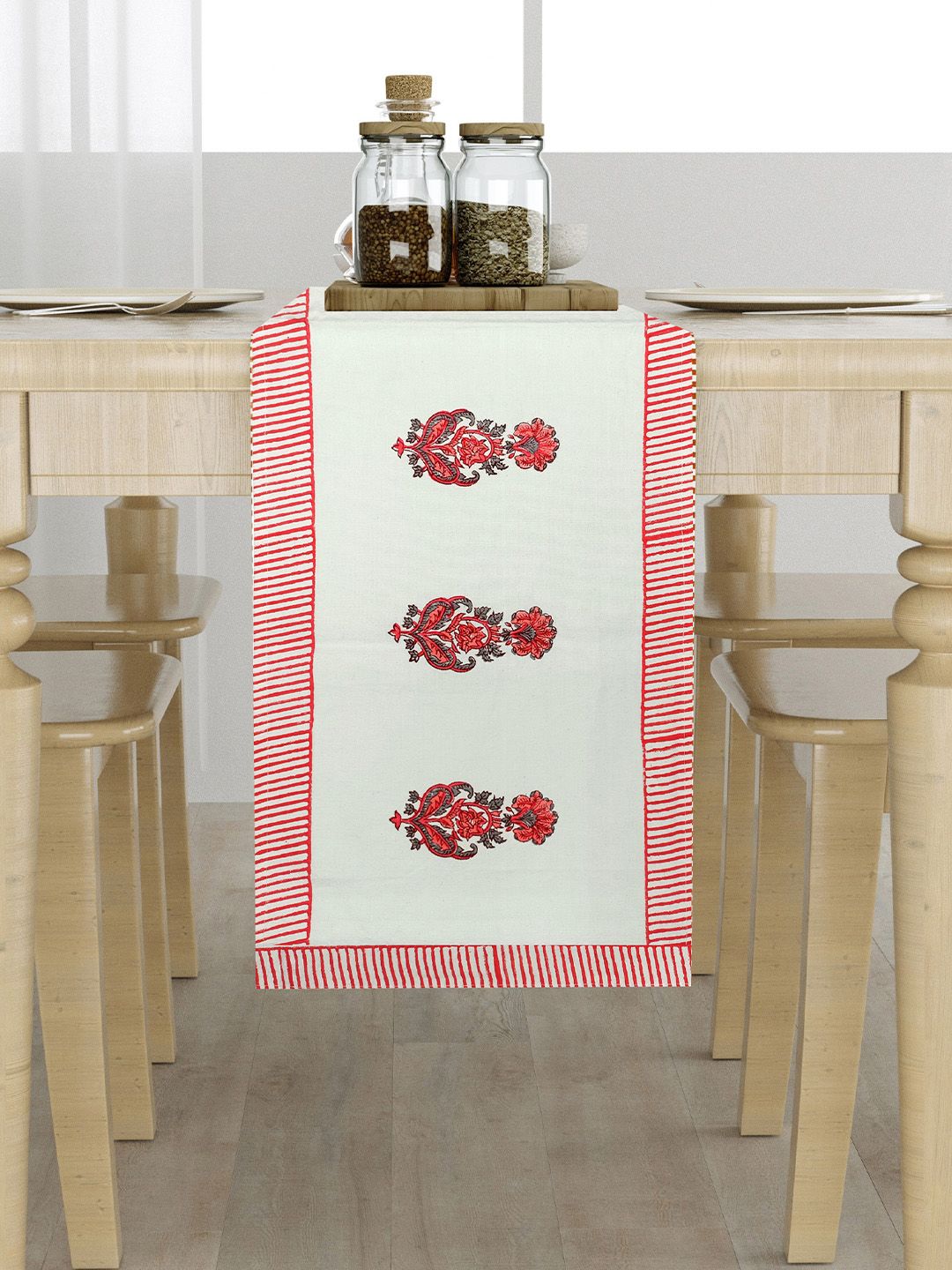 LIVING ROOTS White & Pink Floral Printed Cotton Table Runner