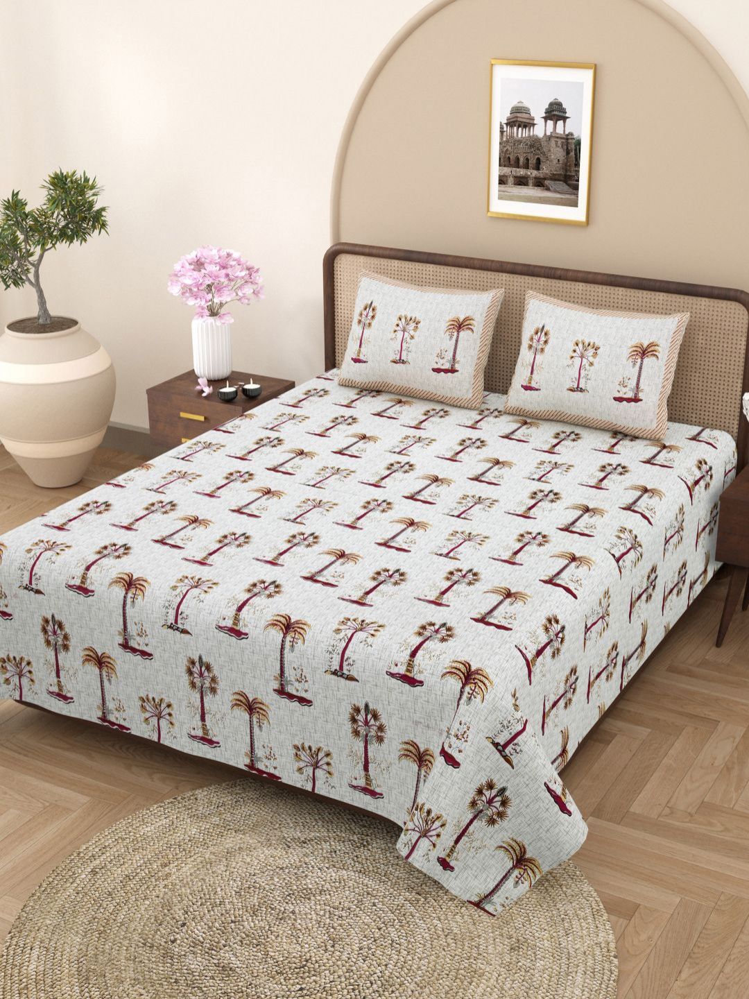 Plarsh Comfort Jaipuri Grey Floral Pure Cotton 180 TC King Fine Bedsheet with 2 Pillow Covers-108 x 108 inches