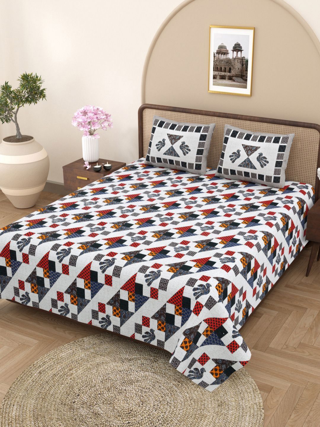 Plarsh Comfort Jaipuri White Geometric Pure Cotton 180 TC King Fine Bedsheet with 2 Pillow Covers-100 x 108 inches