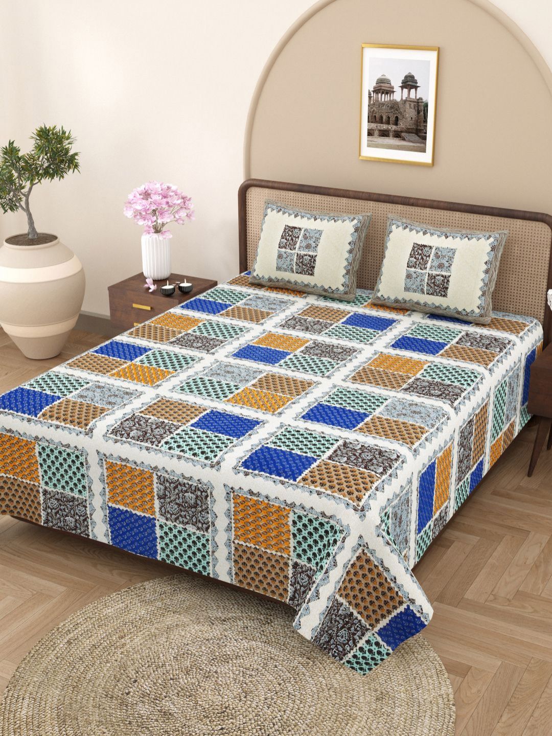 Plarsh Comfort Jaipuri Beige Geometric Cotton 180 TC King Fine Bedsheet with 2 Pillow Covers-100 x 108 inches