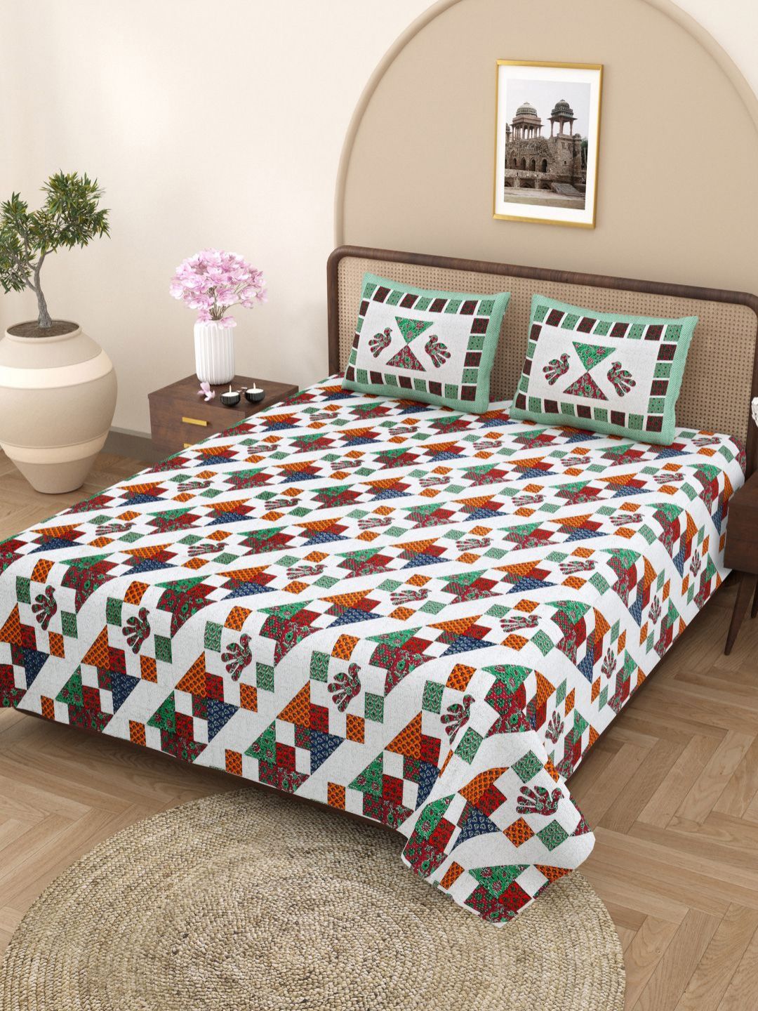 Plarsh Comfort Book Fold White Geometric Cotton 180 TC King Fine Bedsheet with 2 Pillow Covers-100 x 108 inches