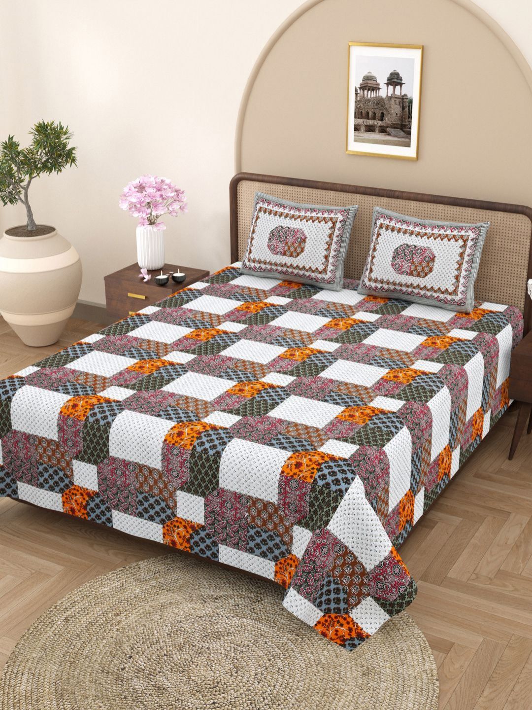 Plarsh Comfort Sapphire White Floral Pure Cotton 180 TC King Fine Bedsheet with 2 Pillow Covers-100 x 108 inches