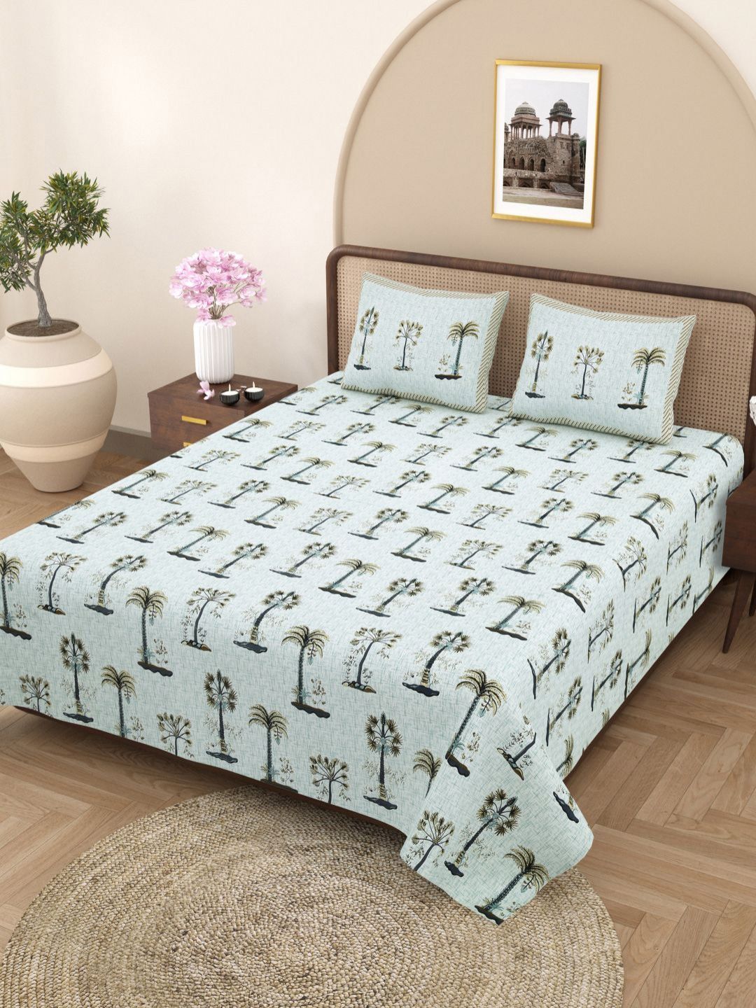 Plarsh Comfort Green Ethnic Motifs Pure Cotton 180 TC King Fine Bedsheet with 2 Pillow Covers-254 x 274 cm