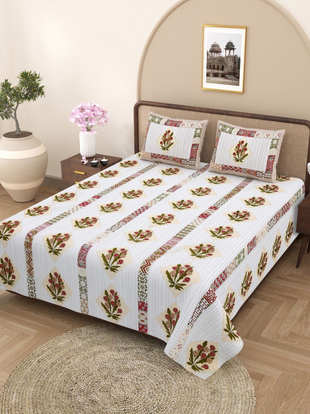Plarsh Comfort Jaipuri Beige Floral Pure Cotton 180 TC King Fine Bedsheet with 2 Pillow Covers-100 x 108 inches