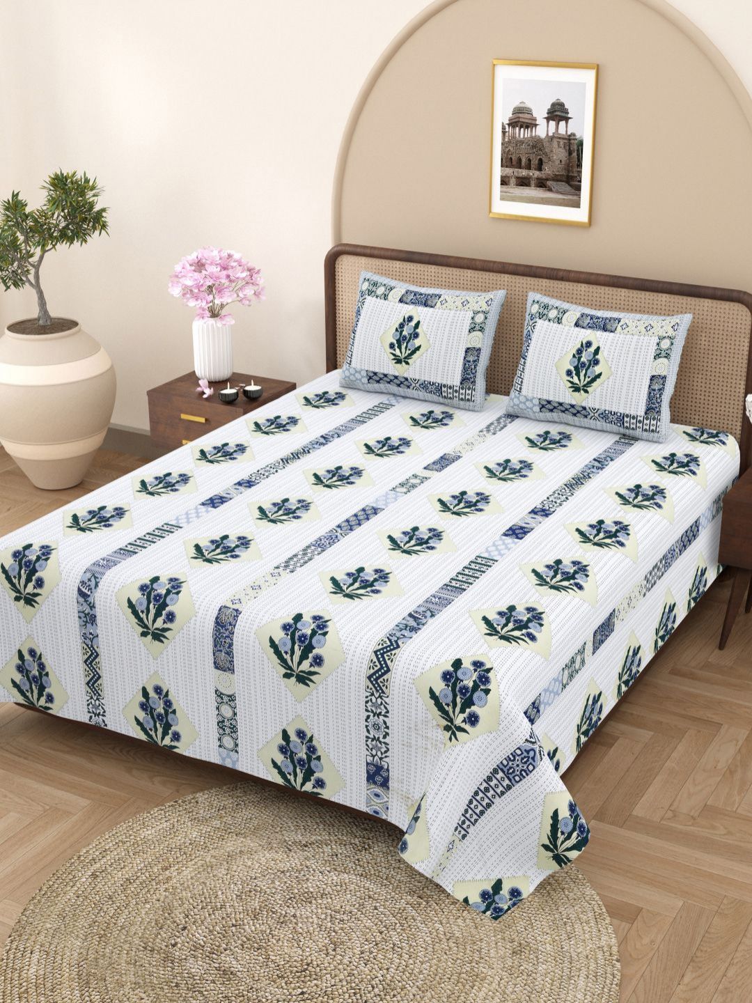Plarsh Comfort White Floral Cotton Shrink Resistant 180 TC King Fine Bedsheet with 2 Pillow Covers-254 x 274 cm