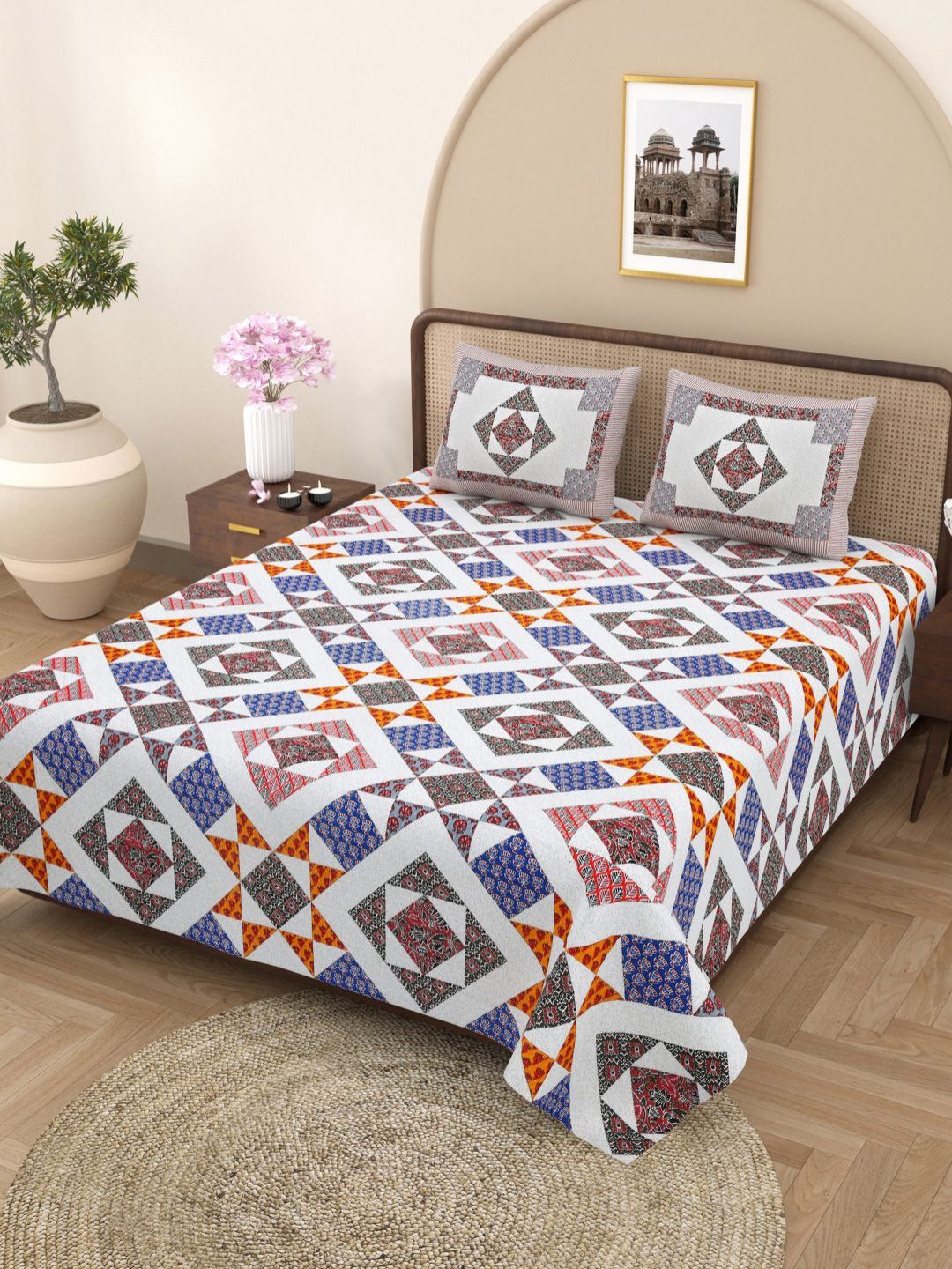 Plarsh Comfort White Floral Pure Cotton 180 TC King Fine Bedsheet with 2 Pillow Covers-254 x 274 cm