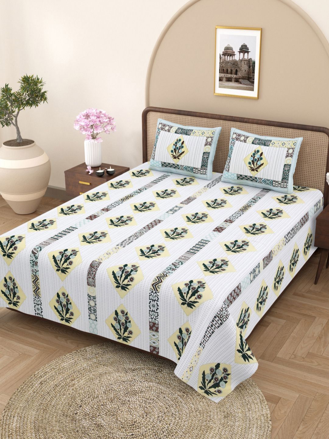 Plarsh Comfort Jaipuri White Floral Pure Cotton 180 TC King Fine Bedsheet with 2 Pillow Covers-100 x 106 inches