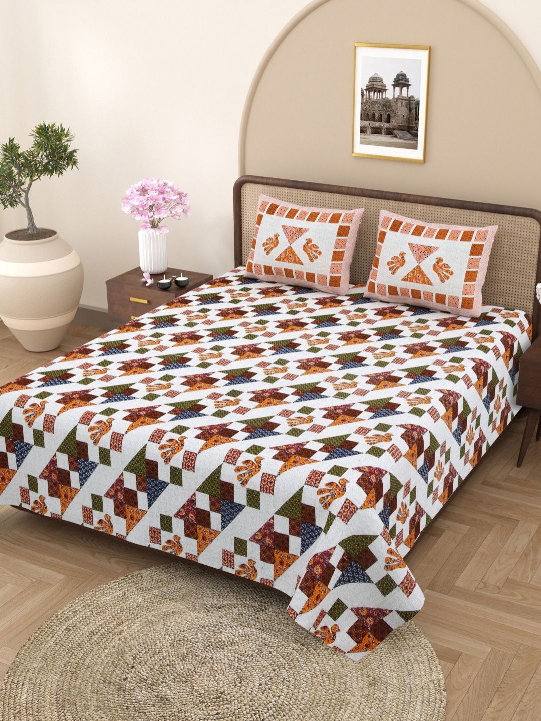 Plarsh Comfort Jaipuri White Geometric Pure Cotton 180 TC King Fine Bedsheet with 2 Pillow Covers-100 x 106 inches