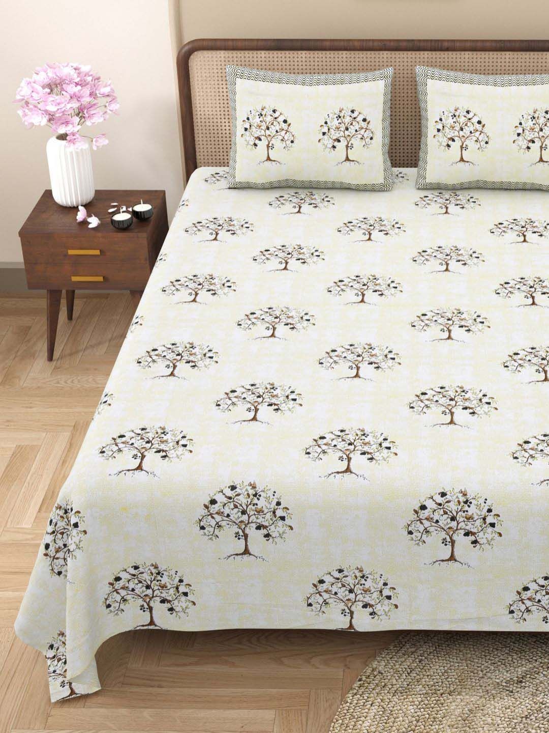 Plarsh Comfort Jaipuri White Floral Cotton Breathable 180 TC King Fine Bedsheet with 2 Pillow Covers-100 x 106 inches