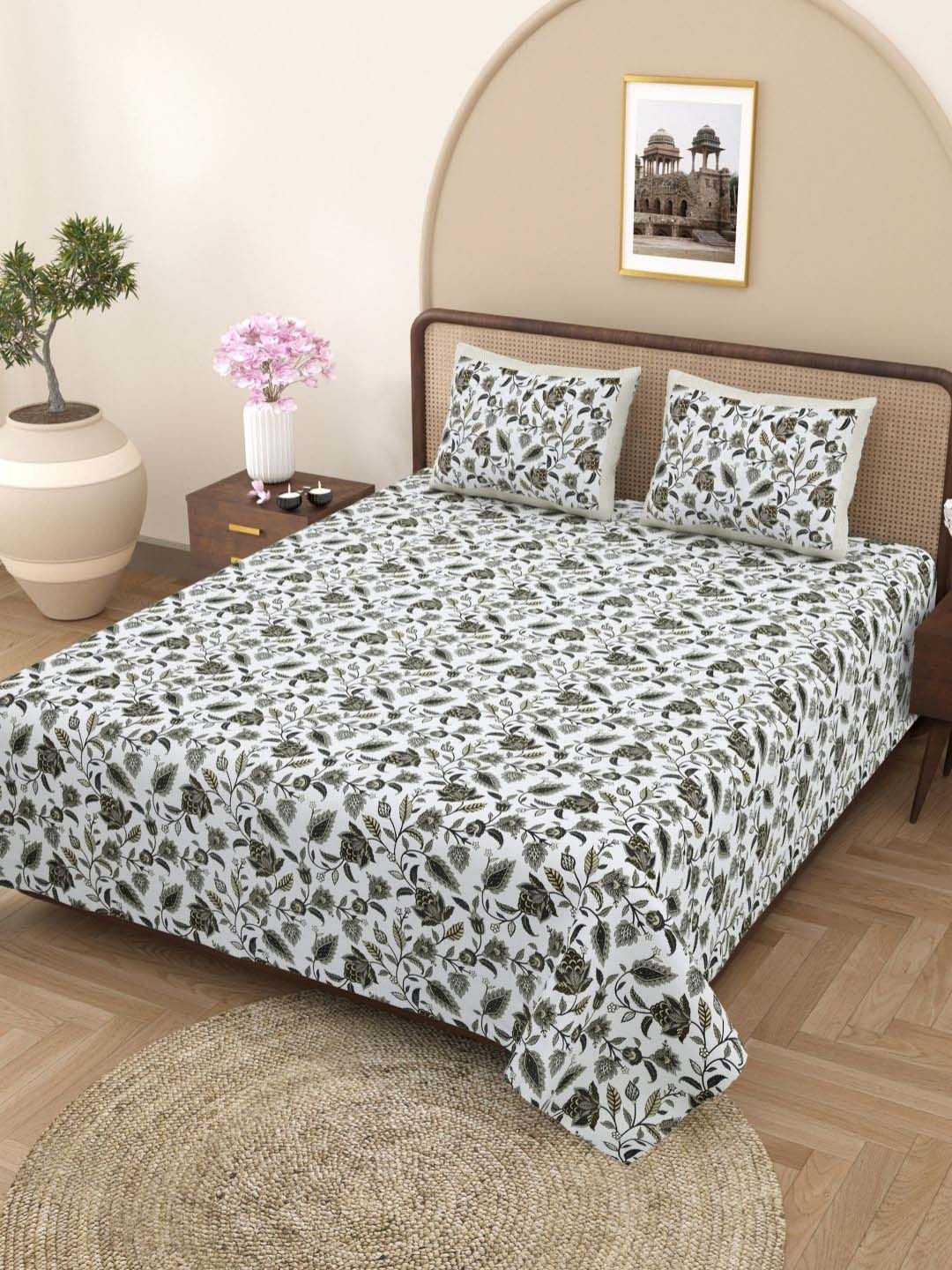 Plarsh Comfort Jaipuri White Floral Pure Cotton 180 TC King Fine Bedsheet with 2 Pillow Covers-100 x 108 inches