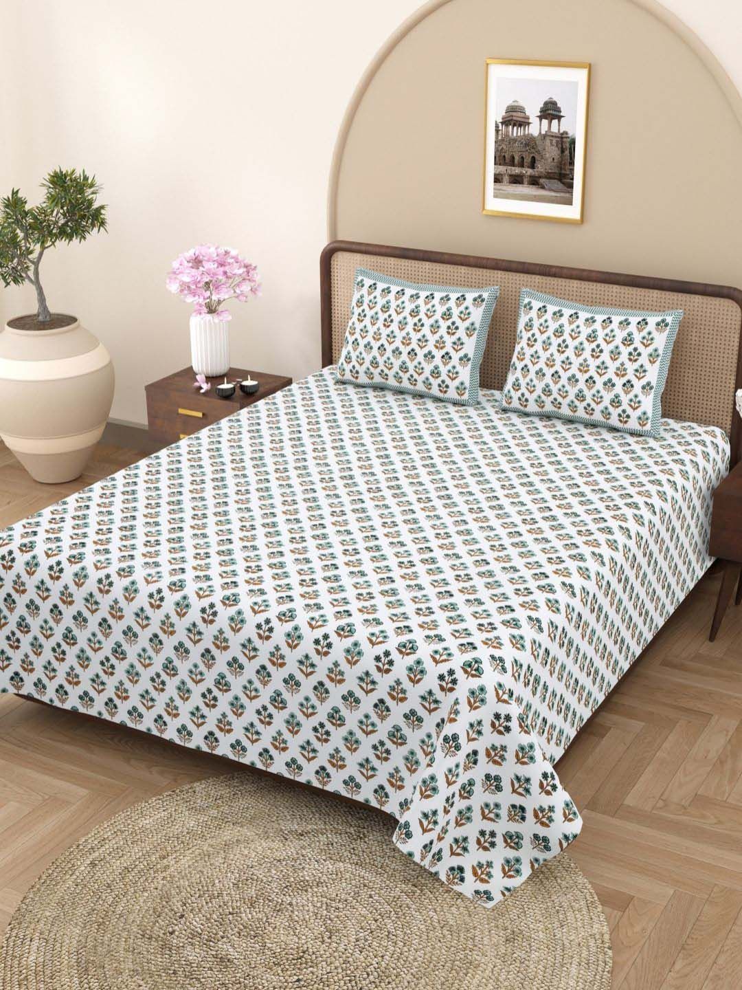 Plarsh Comfort Jaipuri White Floral Cotton 180 TC King Fine Bedsheet with 2 Pillow Covers-100 x 108 inches