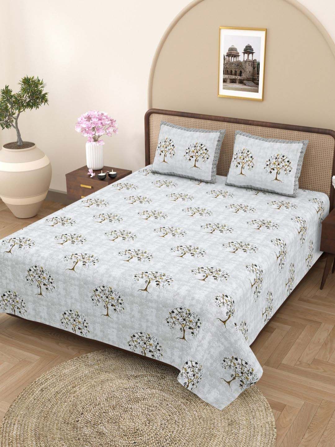 Plarsh Comfort Jaipuri Grey Floral Pure Cotton 180 TC King Fine Bedsheet with 2 Pillow Covers-100 x 108 inches