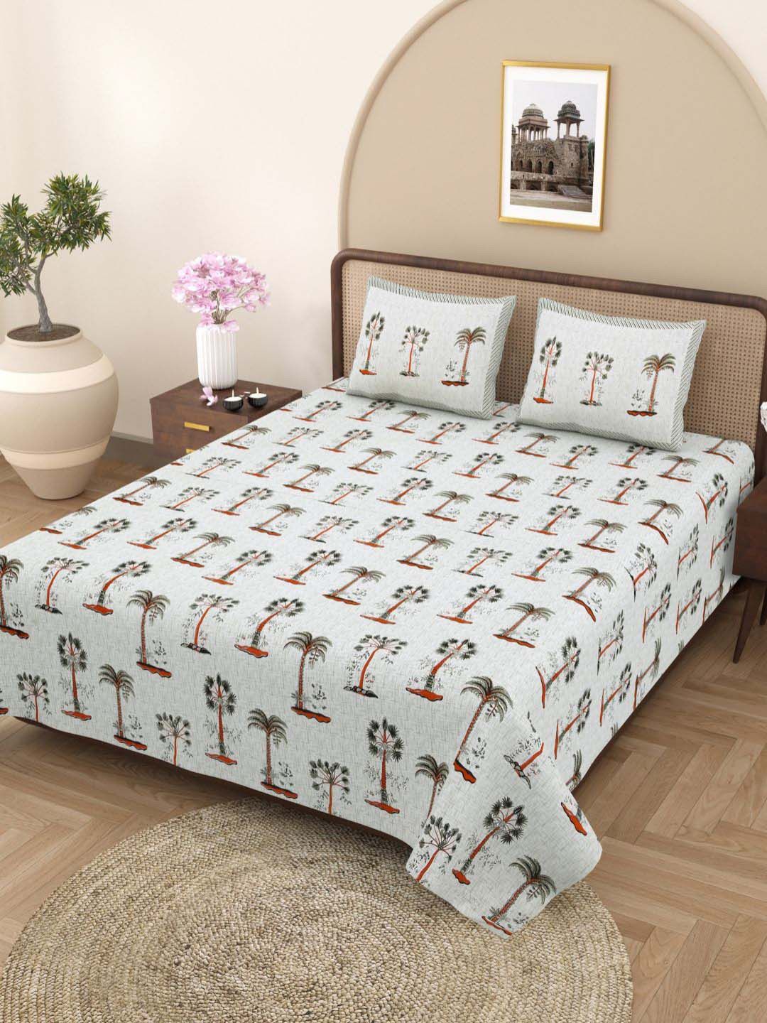 Plarsh Comfort Jaipuri White Floral Pure Cotton 180 TC King Fine Bedsheet with 2 Pillow Covers-100 x 108 inches