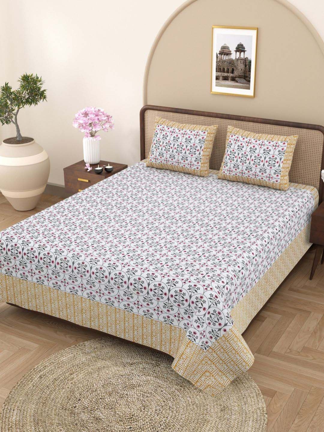 Plarsh Comfort Jaipuri White Floral Pure Cotton 180 TC King Fine Bedsheet with 2 Pillow Covers-108 x 108 inches