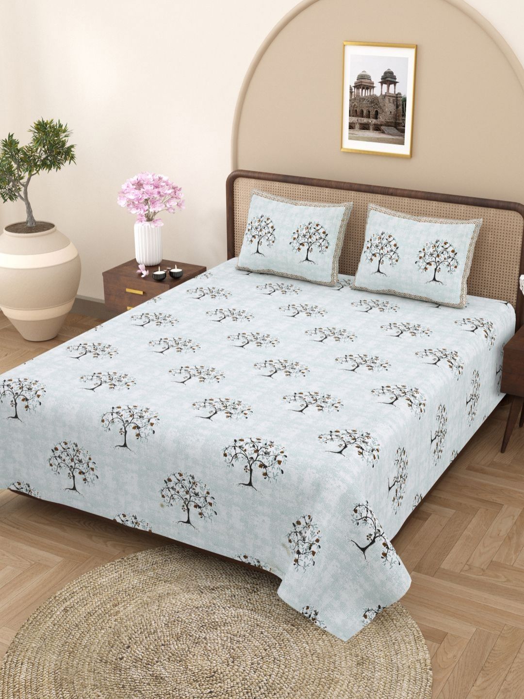 Plarsh Comfort Jaipuri White Floral Cotton 180 TC King Fine Bedsheet with 2 Pillow Covers-100 x 108 inches