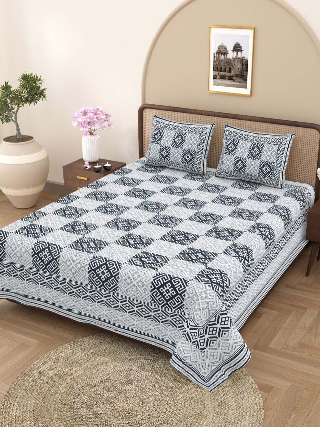 Plarsh Comfort Jaipuri Grey Geometric Pure Cotton 180 TC King Fine Bedsheet with 2 Pillow Covers-100 x 108 inches