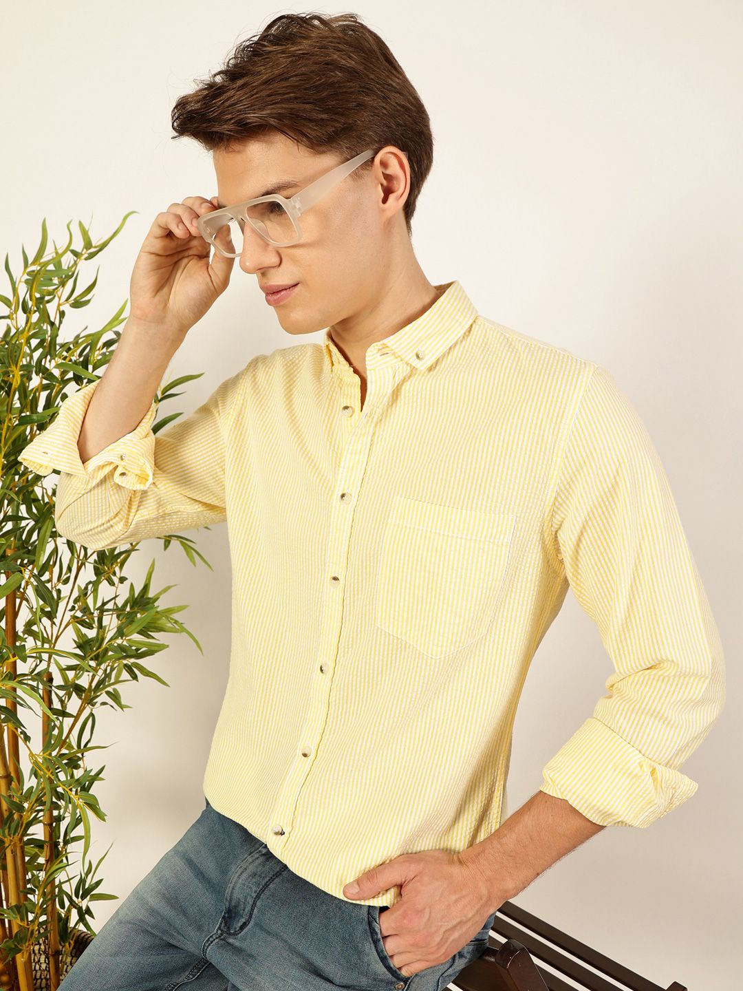 Mast & Harbour Men Premium Button-Down Collar Vertical Striped Cotton Casual Shirt