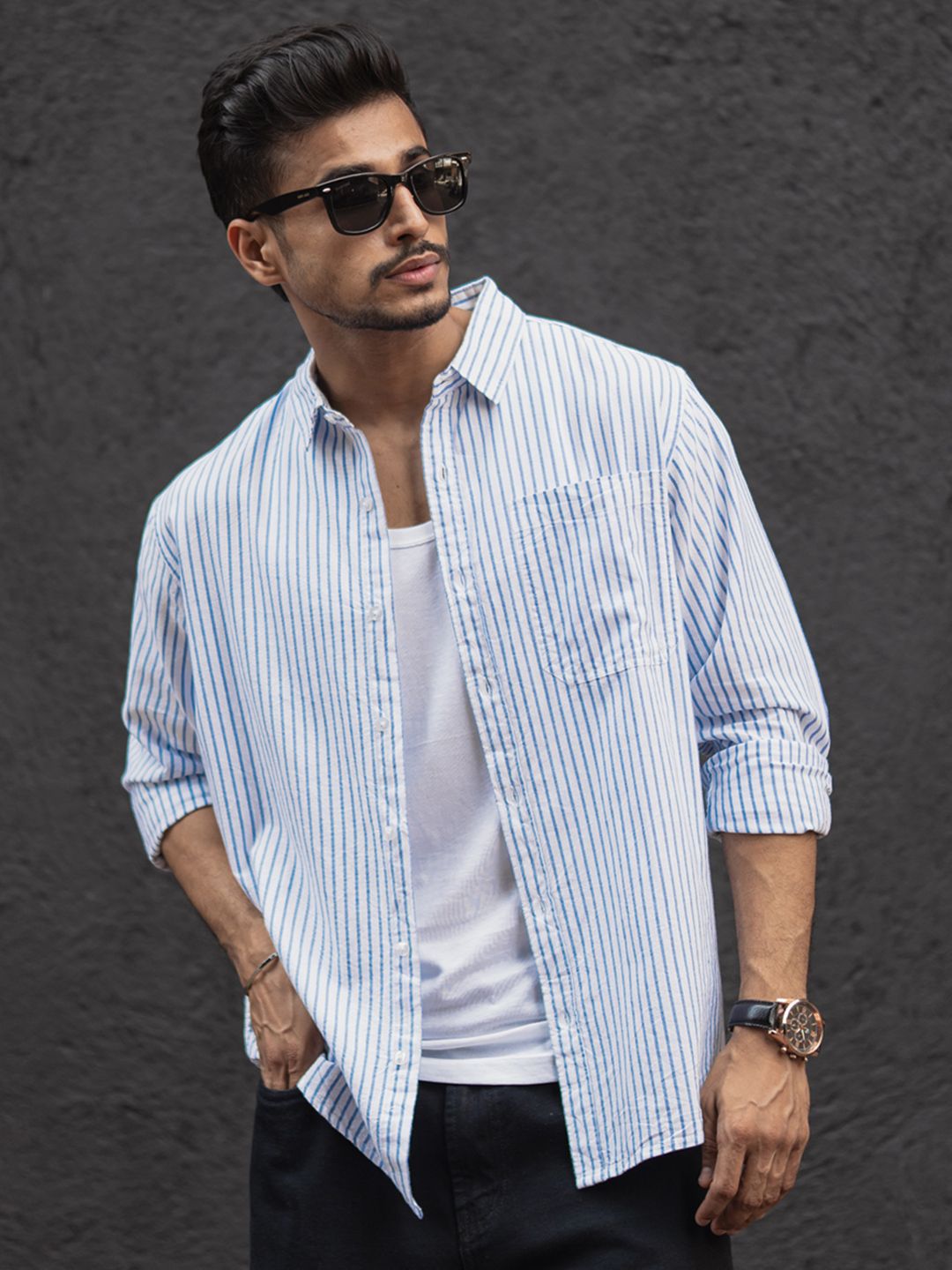 Powerlook Spread Collar Vertical Striped Pure Cotton Casual Shirt