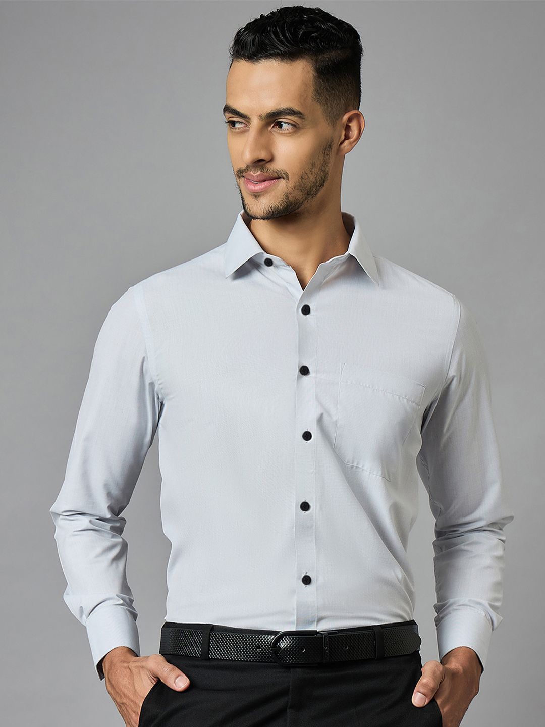 LOUIS STITCH Men Classic Grey Spread Collar Solid Formal Shirt