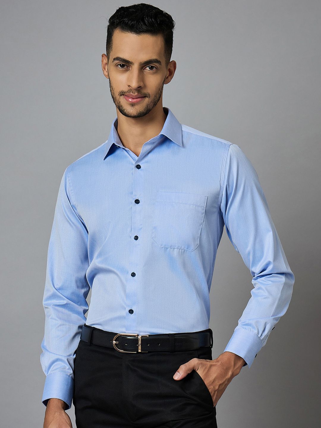 LOUIS STITCH Men Classic Blue Spread Collar Textured Printed Formal Shirt