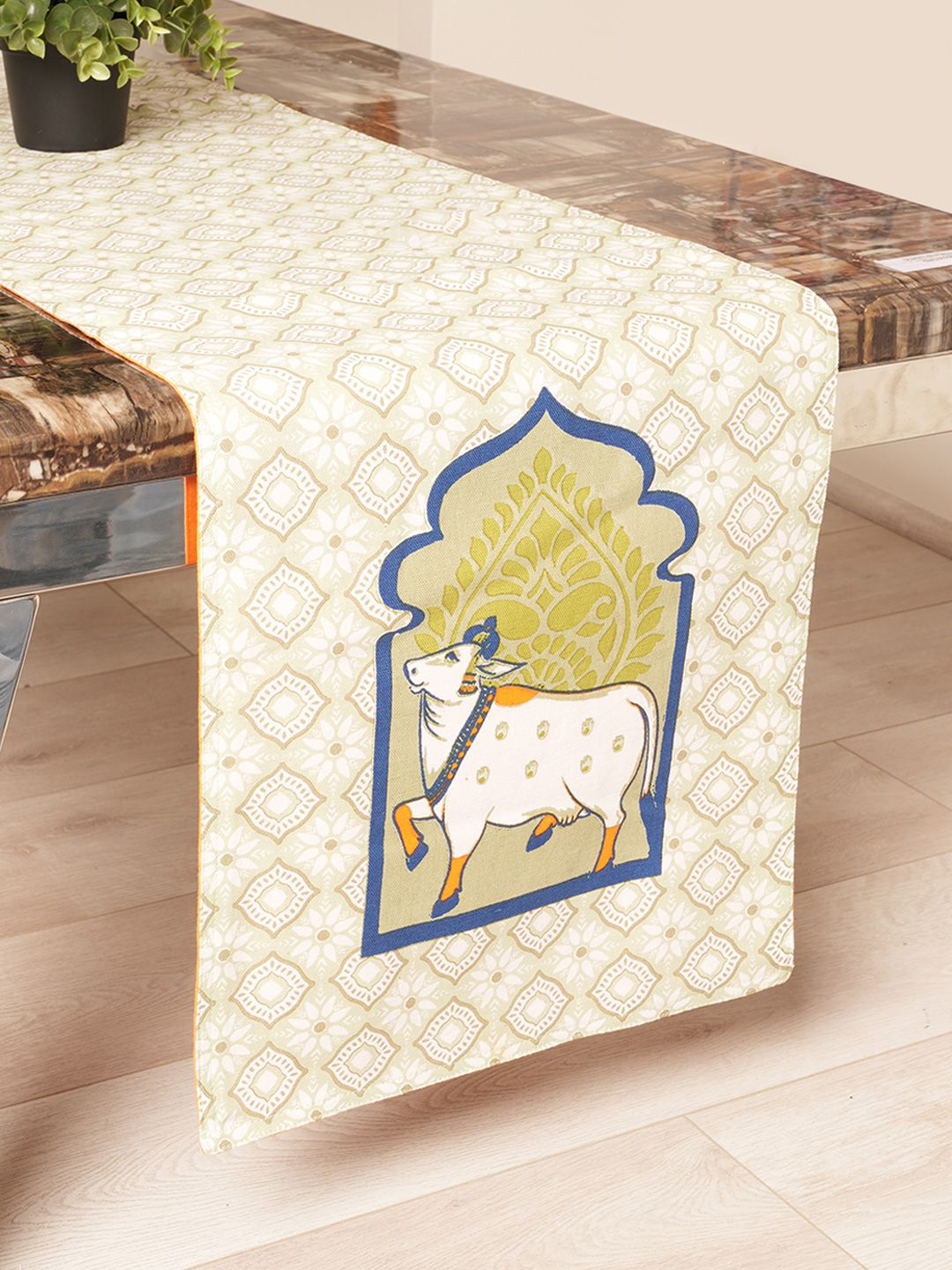 BLANC9 Off White & Green Printed Pure Cotton Table Runner