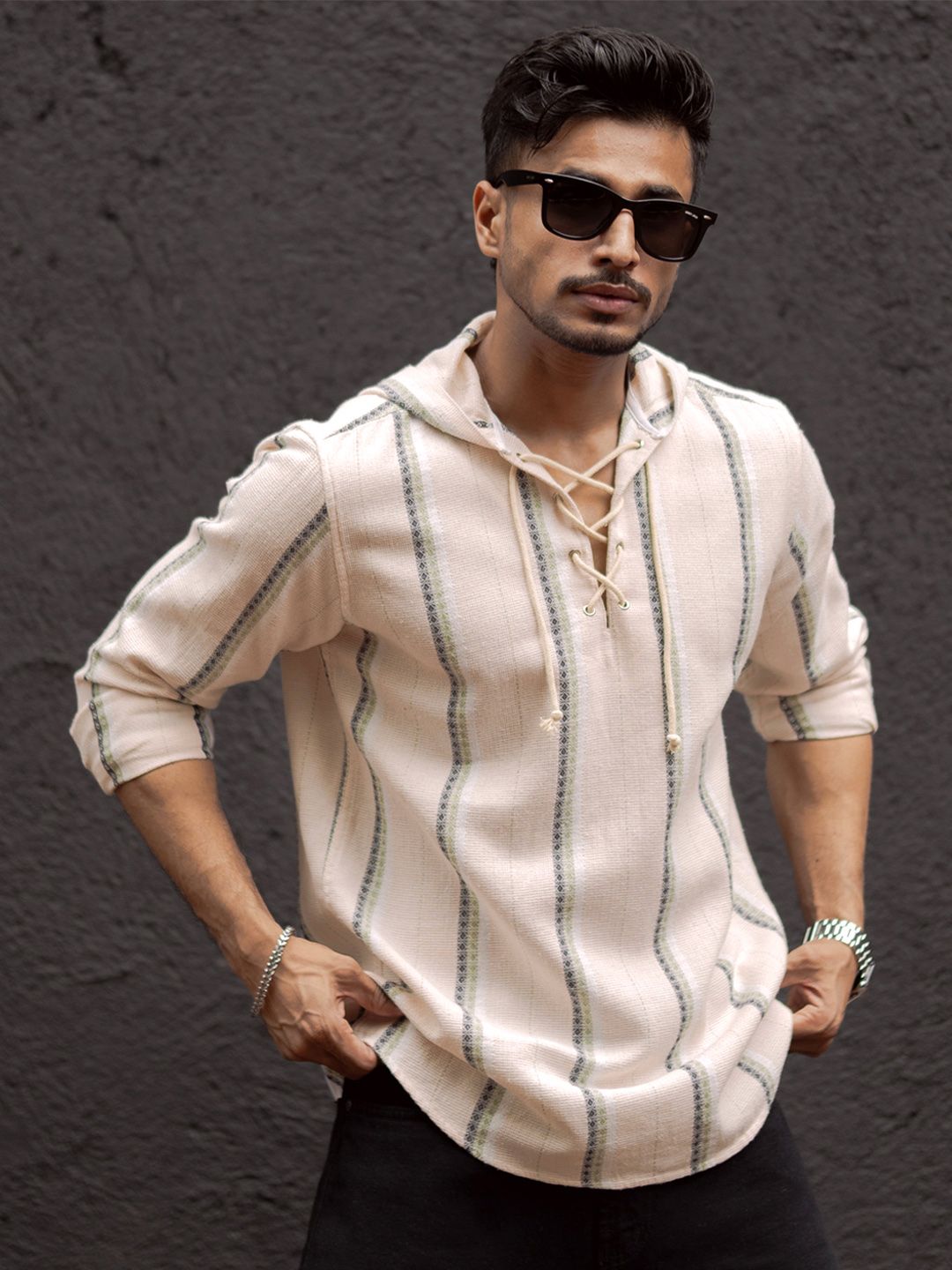 Buy Powerlook Men Collarless Vertical Striped Pure Cotton Casual
