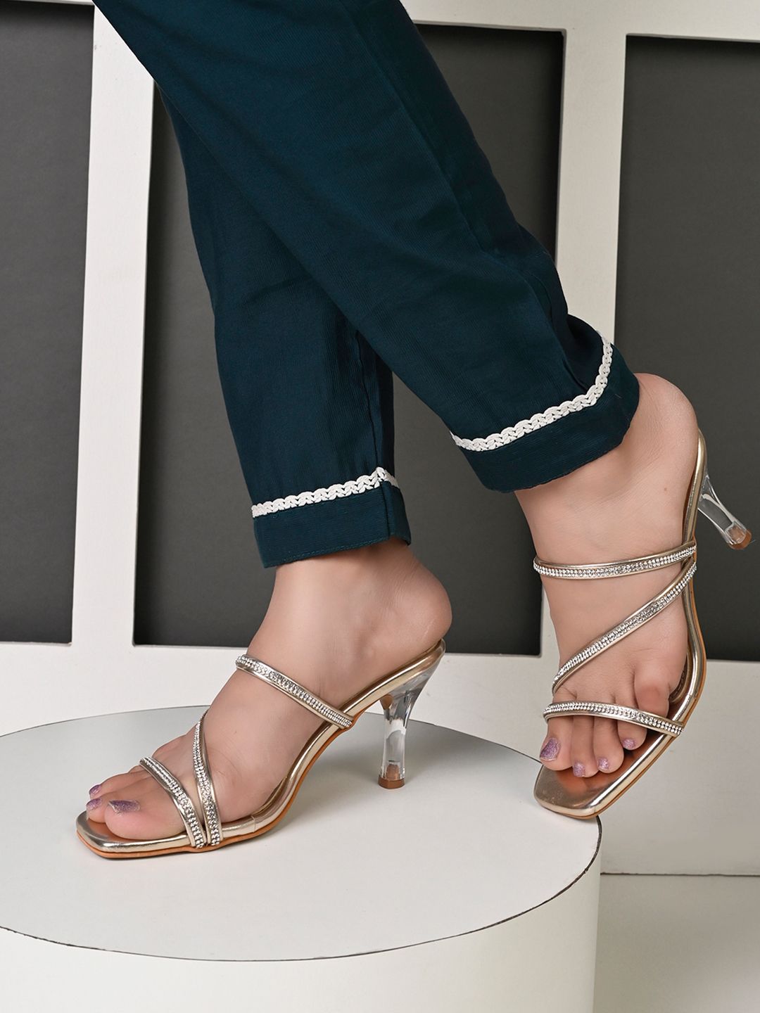 Lavie Open Toe Stone Embellished Glass heel Golden Stilettos