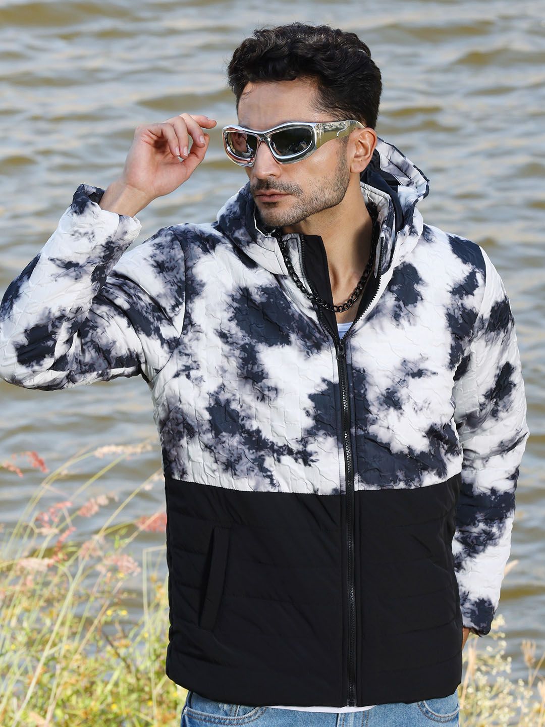 CAHOOT Men Tie and Dye Lightweight Hooded Biker Jacket