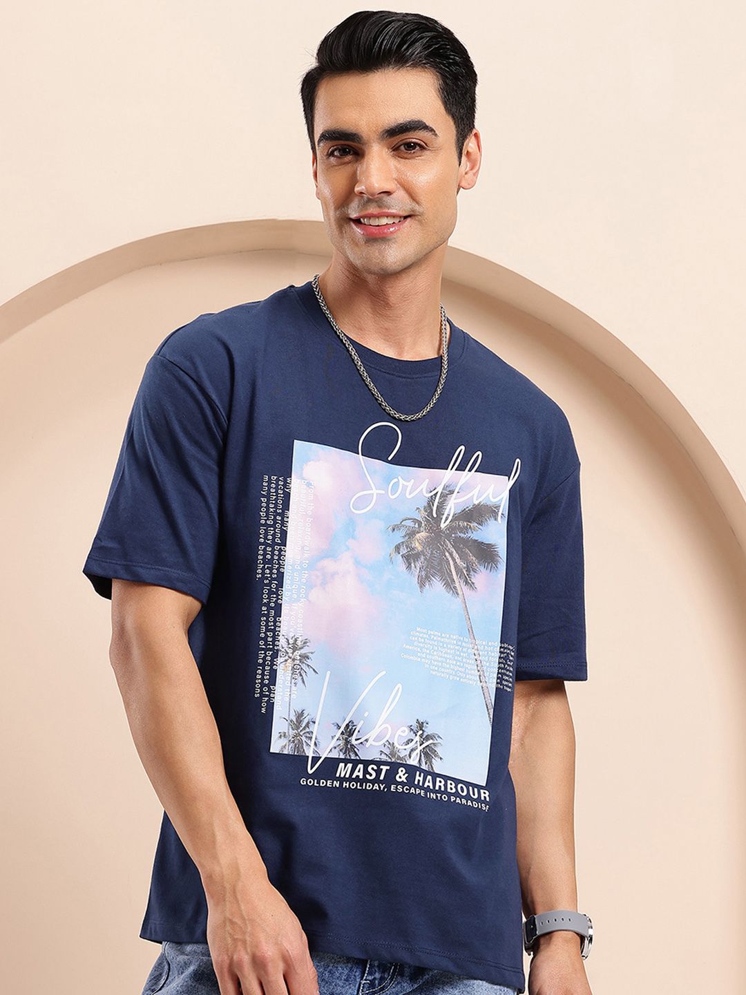 Mast & Harbour Printed Drop-Shoulder Sleeves Relaxed T-shirt