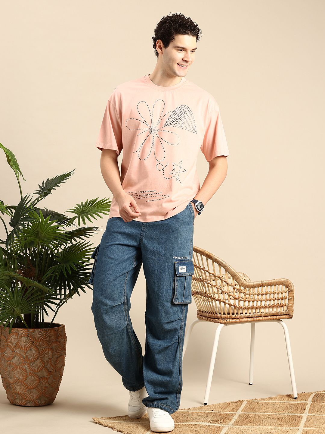 Mast & Harbour Printed Drop-Shoulder Sleeves Pure Cotton Relaxed Fit T-shirt
