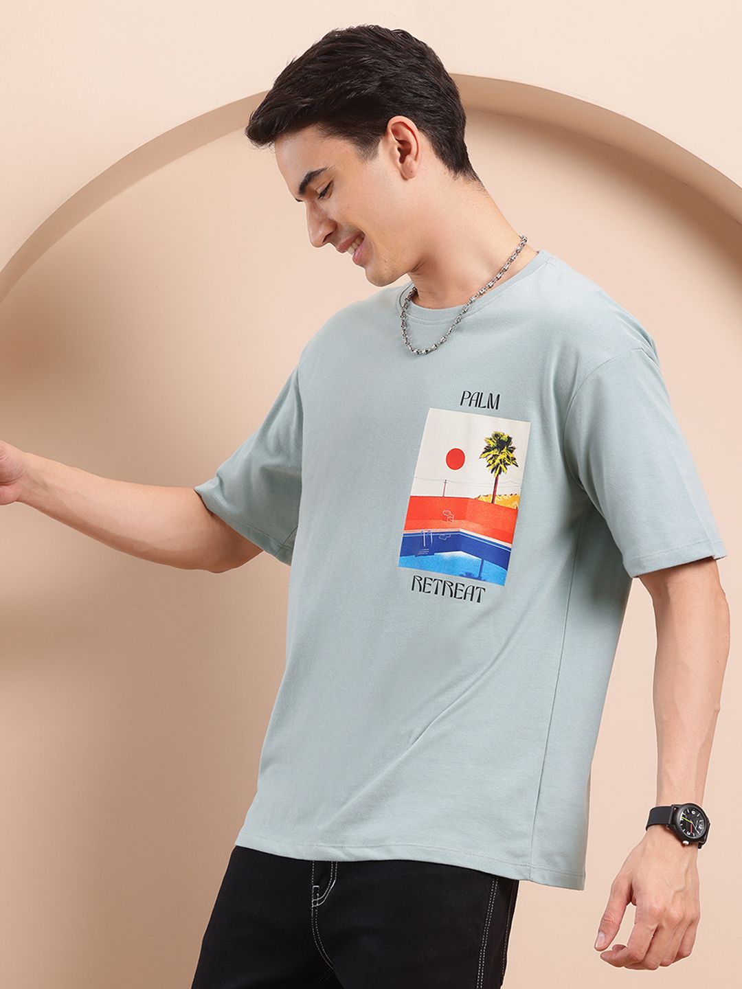 Mast & Harbour Printed Drop-Shoulder Sleeves Relaxed T-shirt