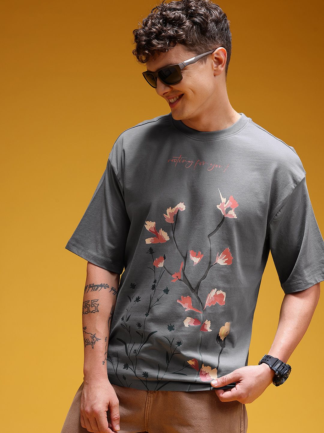 HERE&NOW Floral Printed Drop-Shoulder Sleeves Relaxed Fit T-shirt