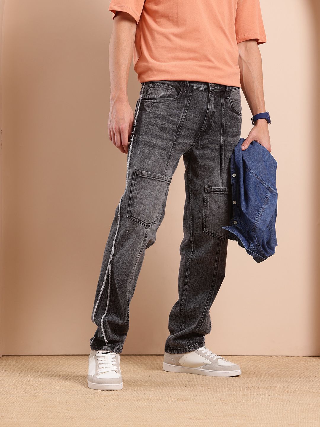 Mast & Harbour Men Light Fade Raw Edge Seam Relaxed Fit Non-Stretchable Jeans