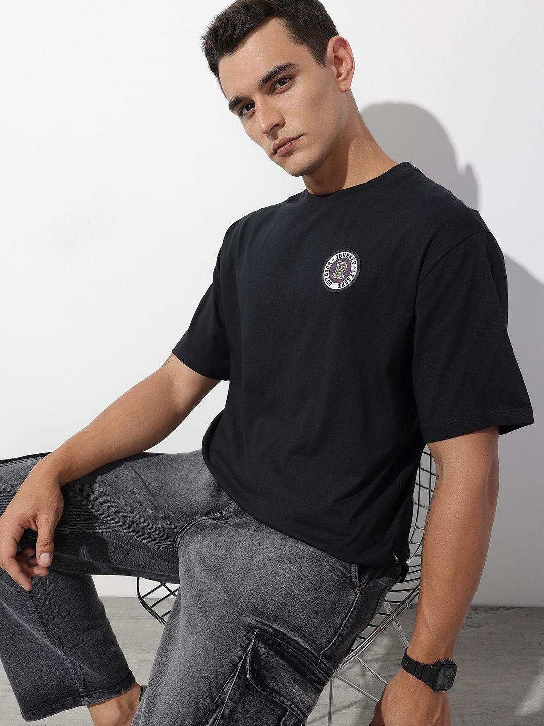 The Roadster Life Co. Drop-Shoulder Sleeves Applique Pure Cotton Relaxed Fit T-shirt
