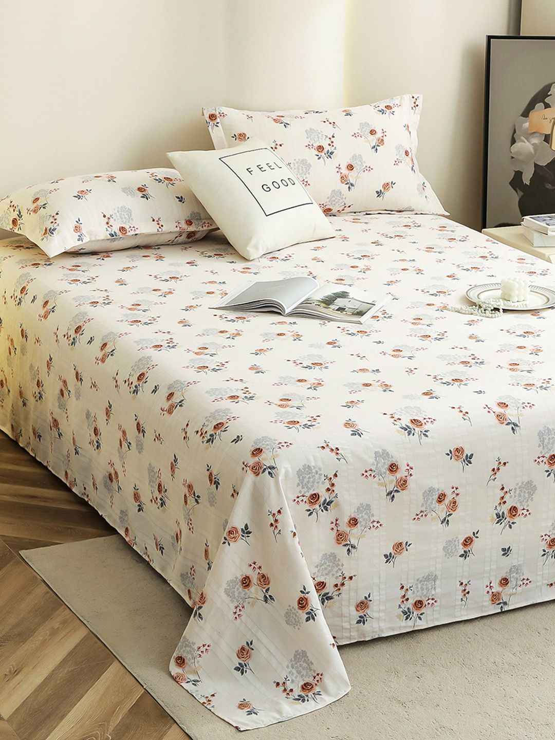 Story@home Story@home White Floral 210 TC King Bedsheet with 2 Pillow Covers-98 x 106 In