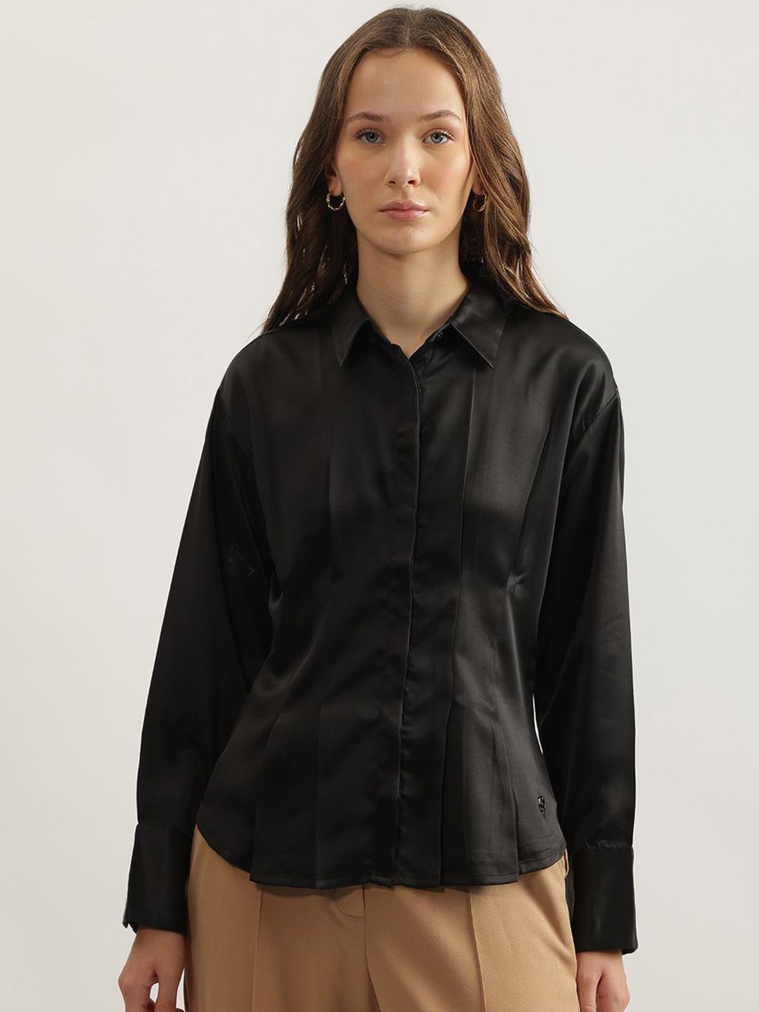 ELLE Women Solid Shirt Collar Cotton Top