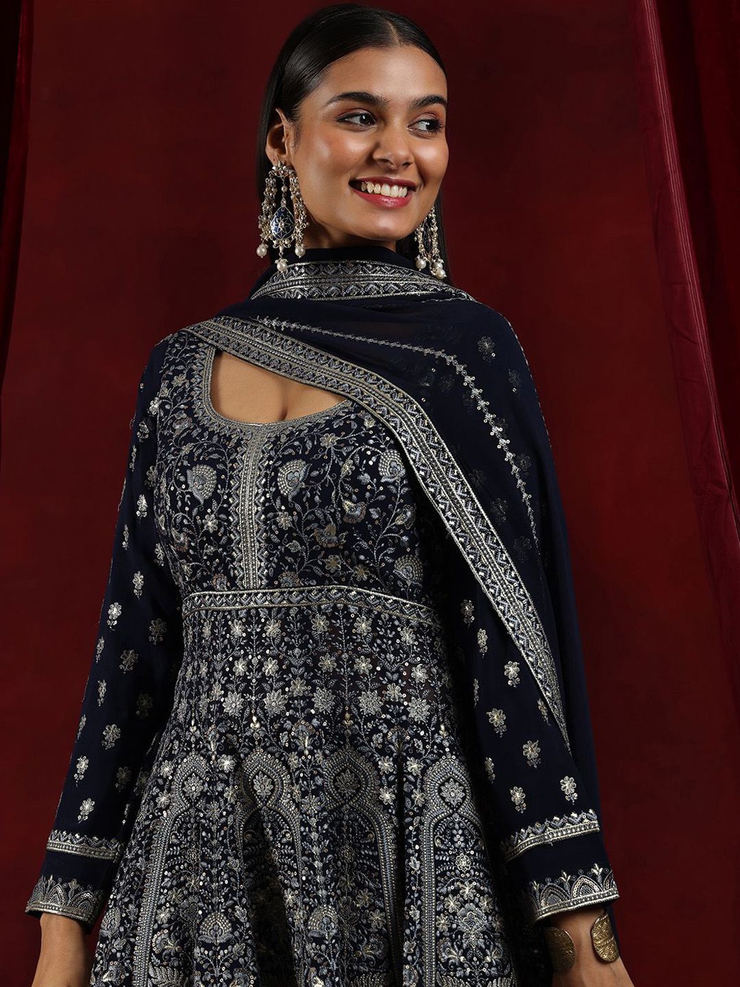 Libas Art Embroidered Empire Sequinned Georgette Anarkali Kurti With Palazzo & Dupatta deal from myntra Libas Art Embroidered Empire Sequinned Georgette Anarkali Kurti With Palazzo & Dupatta deal from myntra