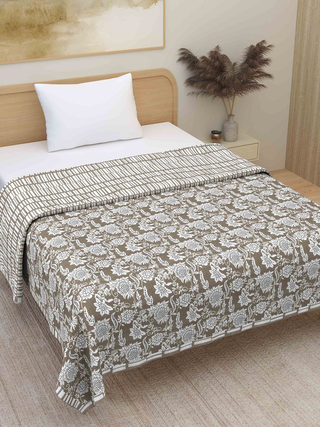 Plarsh Comfort Premium Grey Floral Printed Pure Cotton Reversible Single Bed Dohar