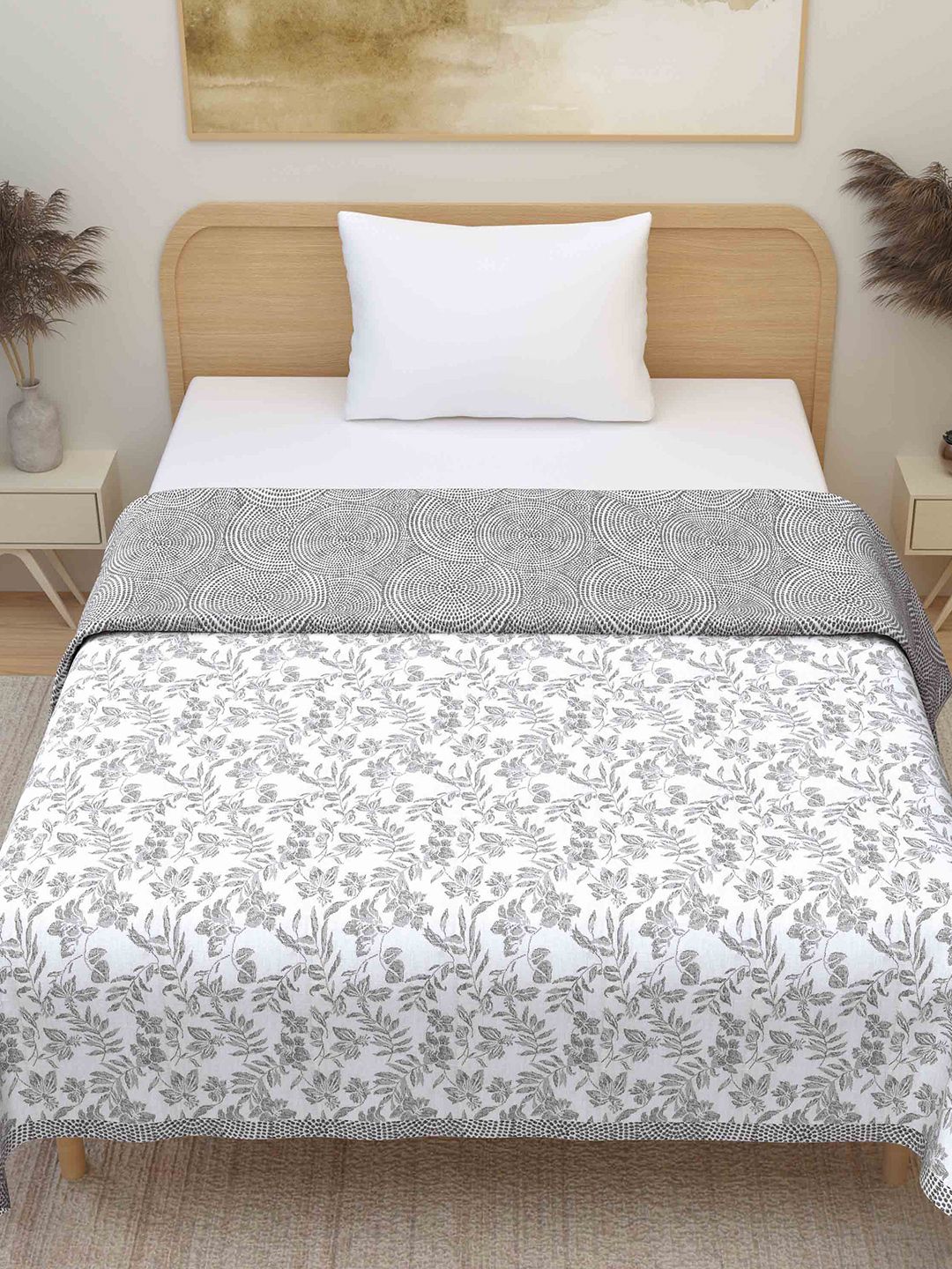 Plarsh Comfort Grey & White Floral Printed Pure Cotton Reversible Single Bed Dohar