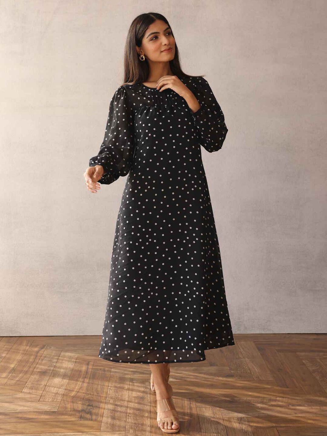 Buy Polago Clothing Polka Dot Print Puff Sleeve Georgette A-Line Dress - Dresses for Women 31246890