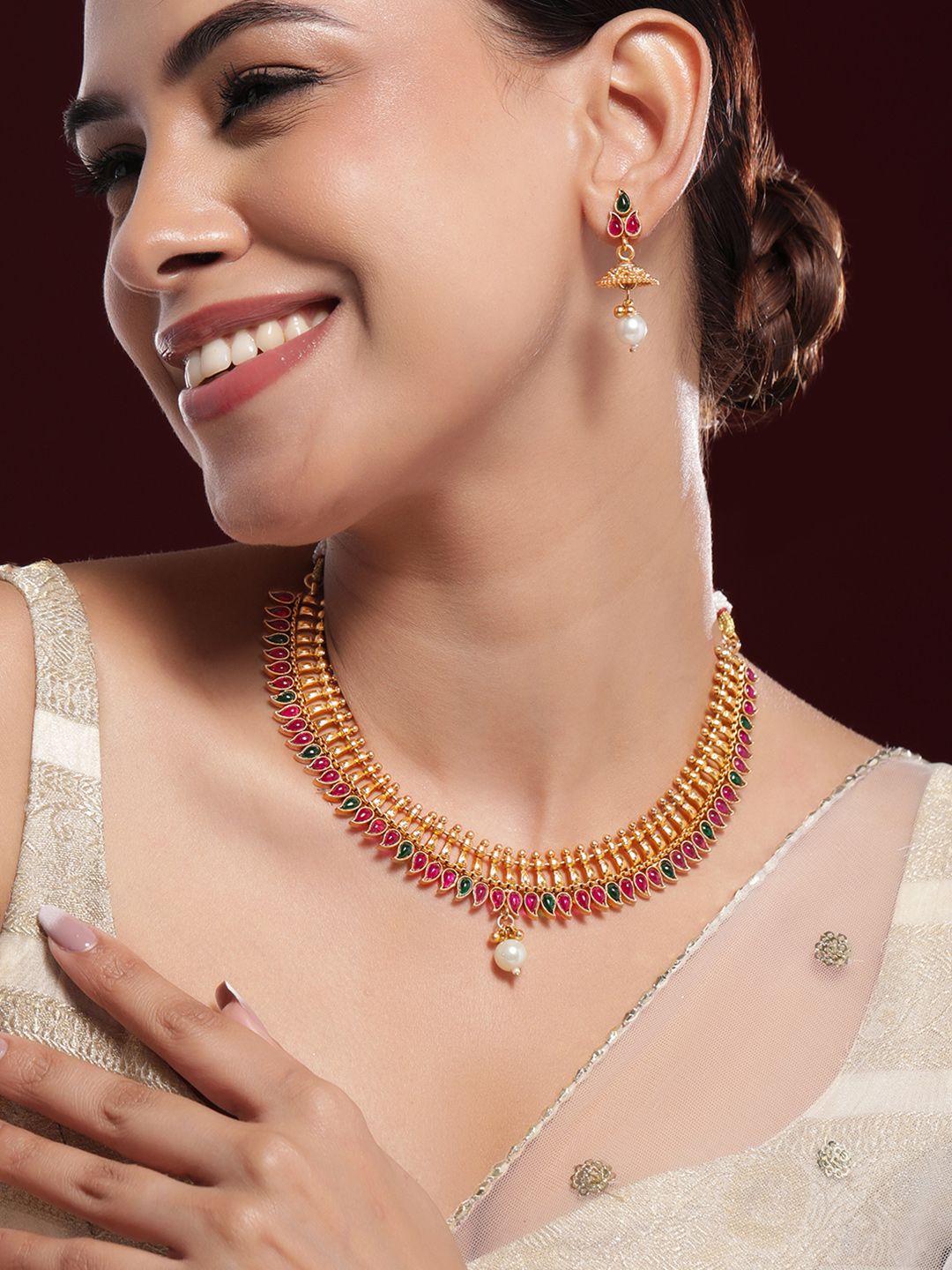 Rubans 22K Gold-Plated Ruby Red & Emerald Green Stone Traditional Pearl Drop Jewellery Set Rubans 22K Gold-Plated Ruby Red & Emerald Green Stone Traditional Pearl Drop Jewellery Set