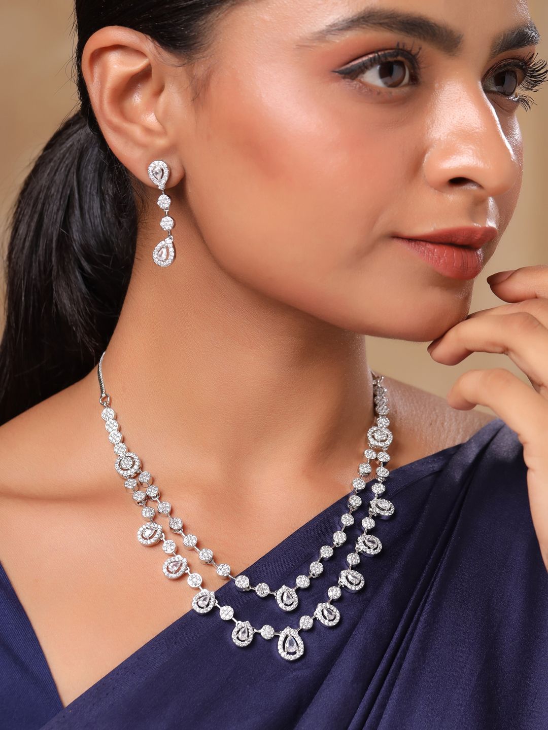 Rhodium Plated Jewellery Set Yellow Chimes Rhodium Plated AD Stone Studded Necklace and Earrings