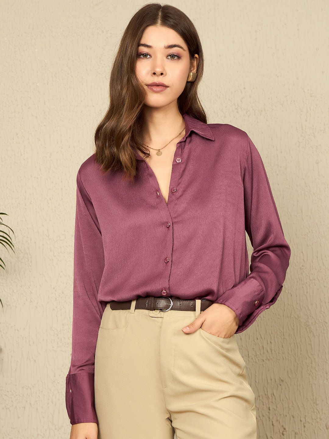Roadster The Roadster Lifestyle Co. Women Spread Collar Textured Satin Casual Shirt
