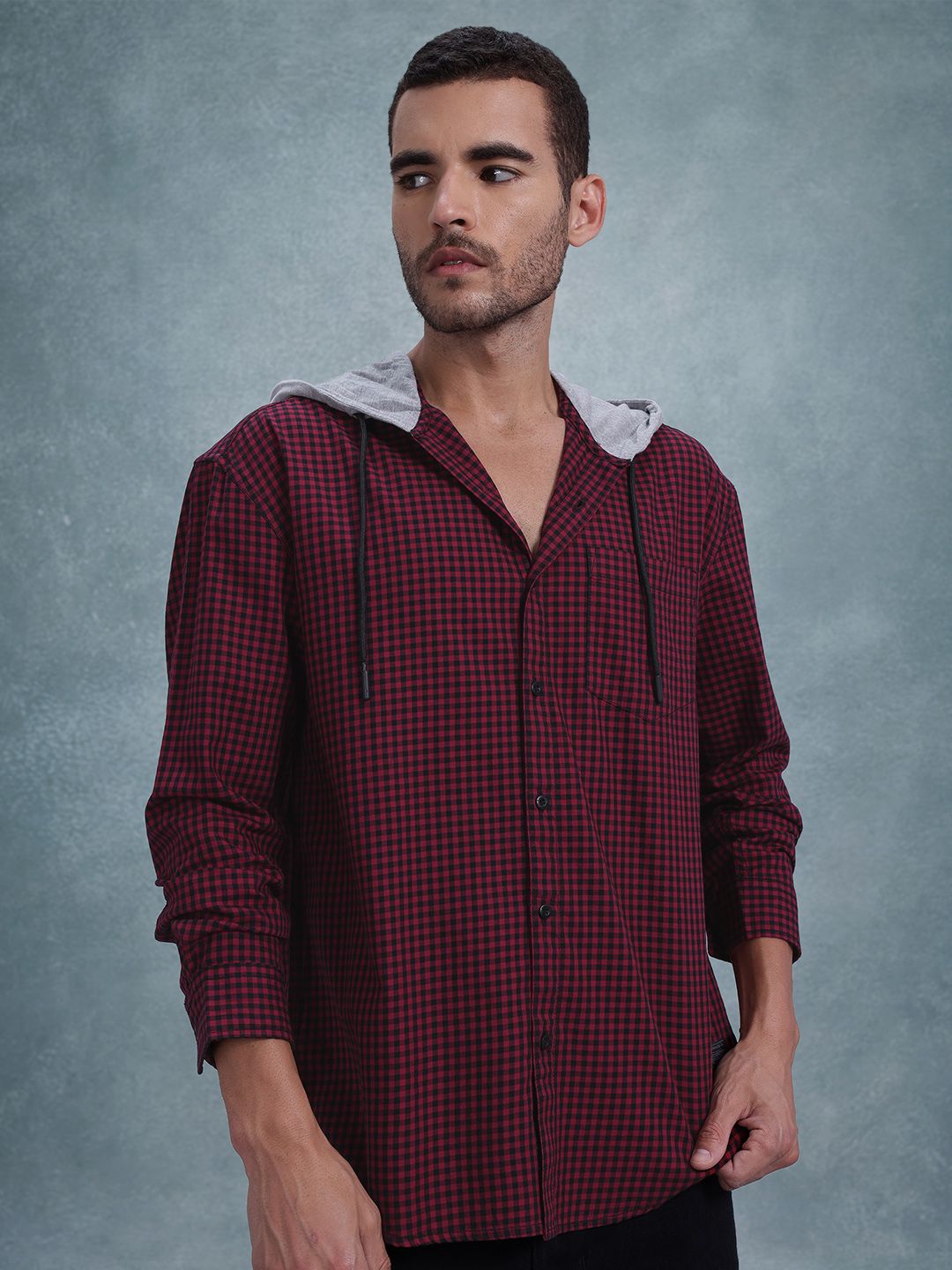 The Roadster Life Co. Gingham Checks Hooded Pure Cotton Relaxed Fit Shirt