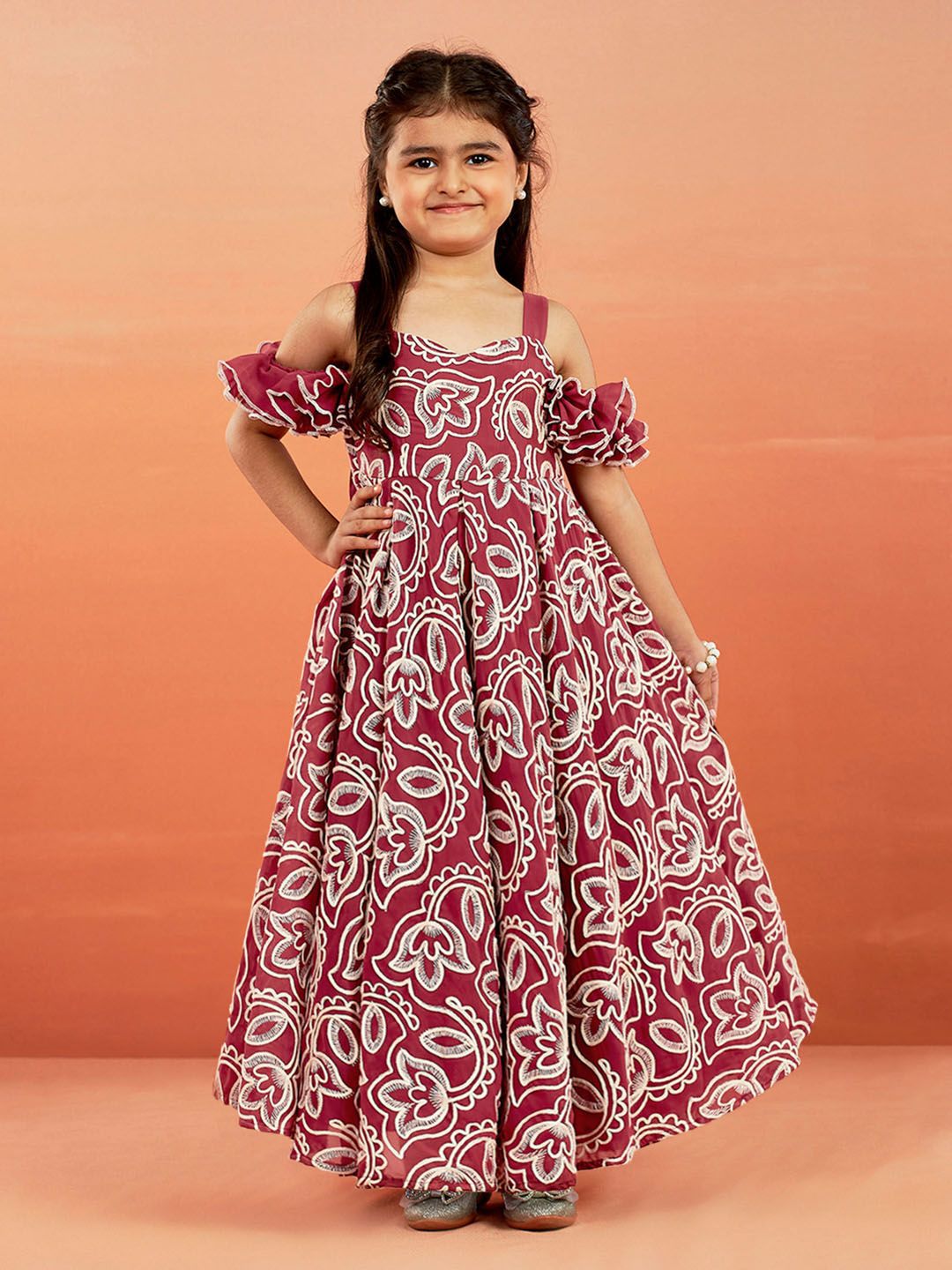 VASTRAMAY Girls Ethnic Motifs Cold-Shoulder Maxi Dress