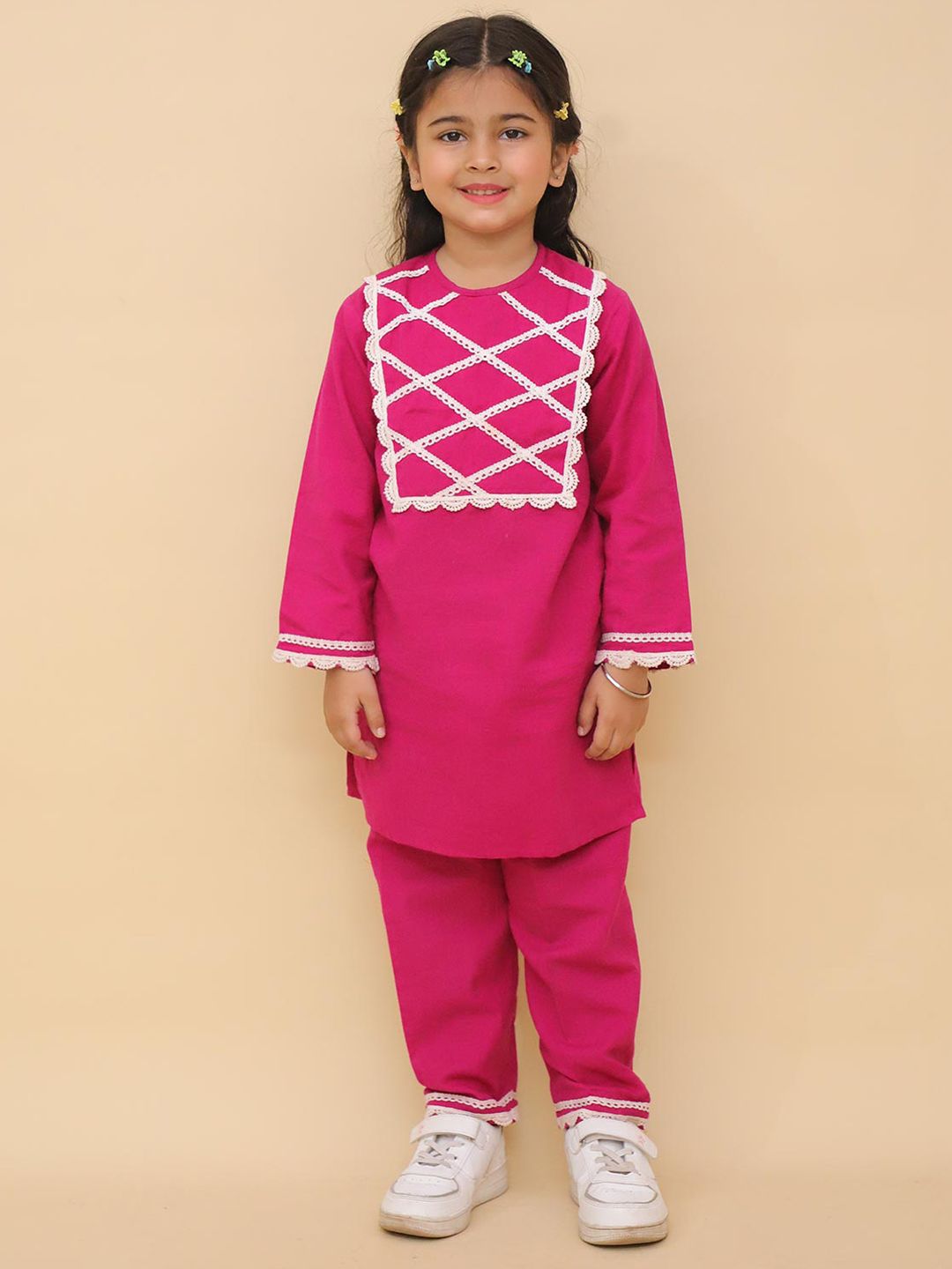 LITTLE GINNIE Girls Round Neck Straight Kurti with Pyjamas