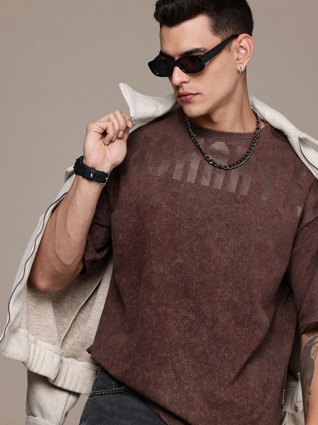 The Roadster Life Co. Printed & Washed Drop-Shoulder Pure Cotton Relaxed Fit T-shirt