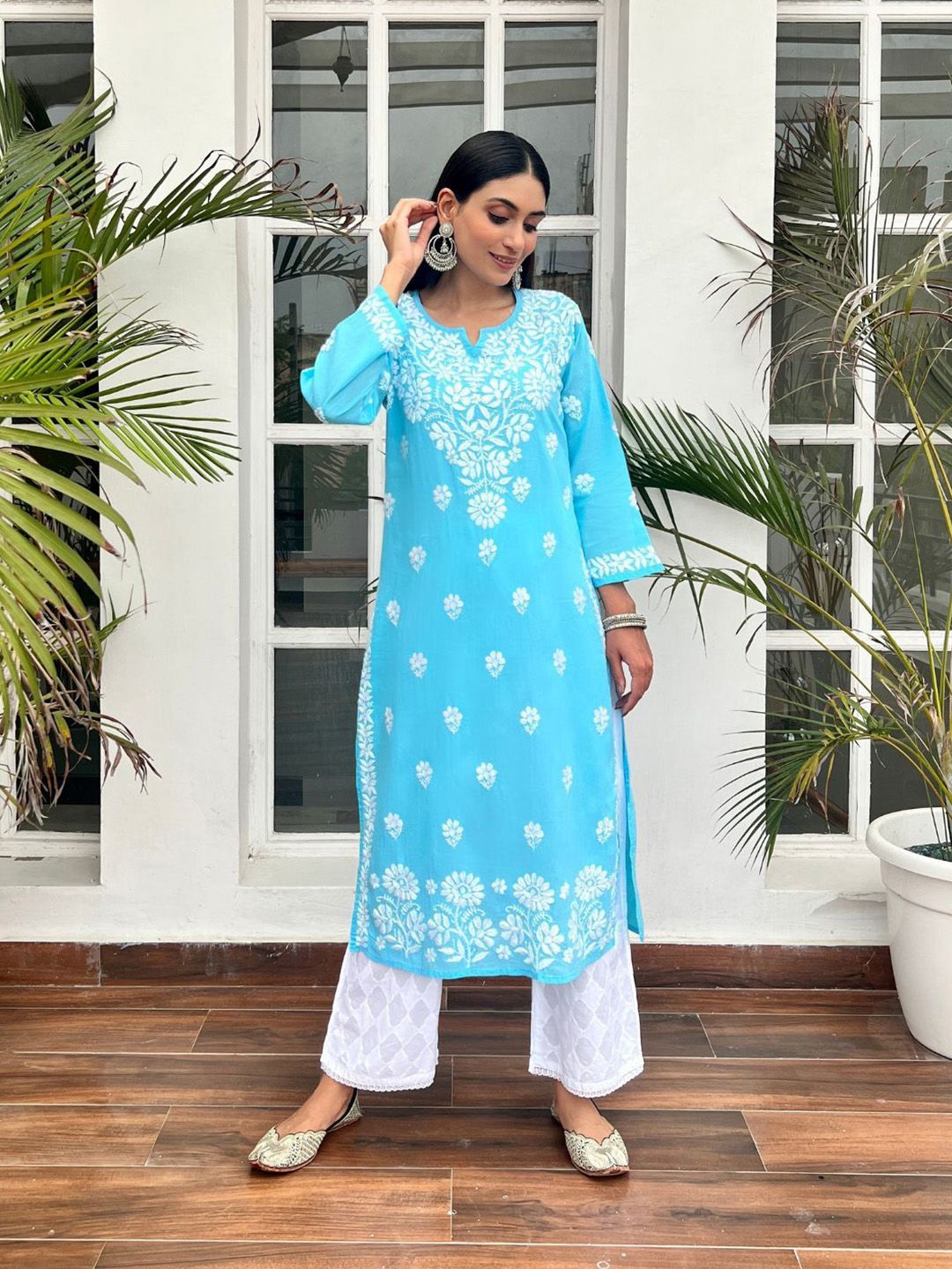 Women Chikankari Kurta House of Chikankari Women Sky Blue Cotton Chikankari Embroidered Kurta
