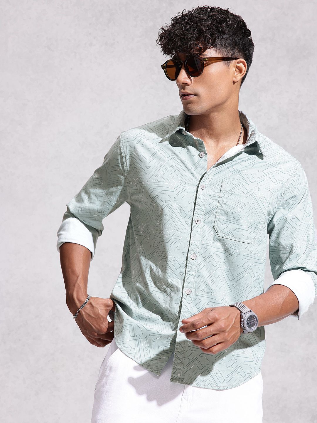 WROGN Geometric Printed Drop-Shoulder Sleeves Comfort Casual Relaxed Fit Shirt