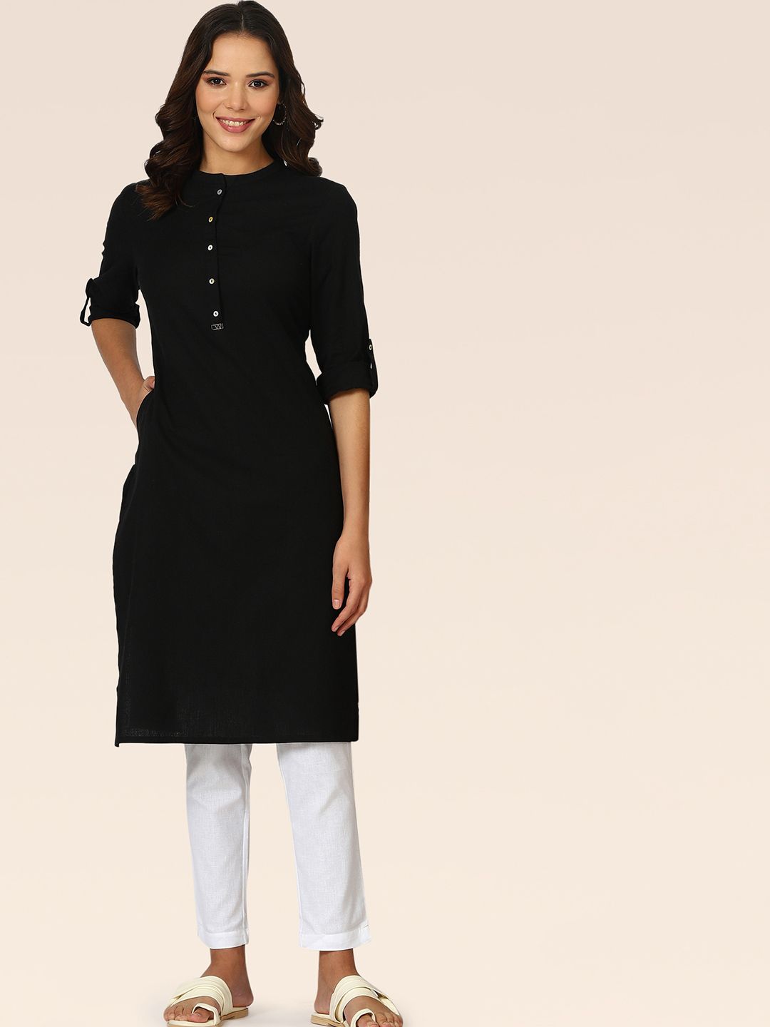 Mandarin Collar Straight Kurta W Mandarin Collar Roll-Up Sleeves Straight Kurta